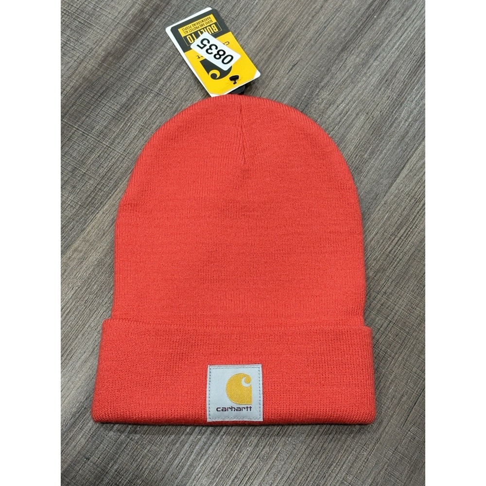 Carhartt Beanie Hat Knit Cuffed Orange/Red Box Logo Outdoor One Size Stretch NWT